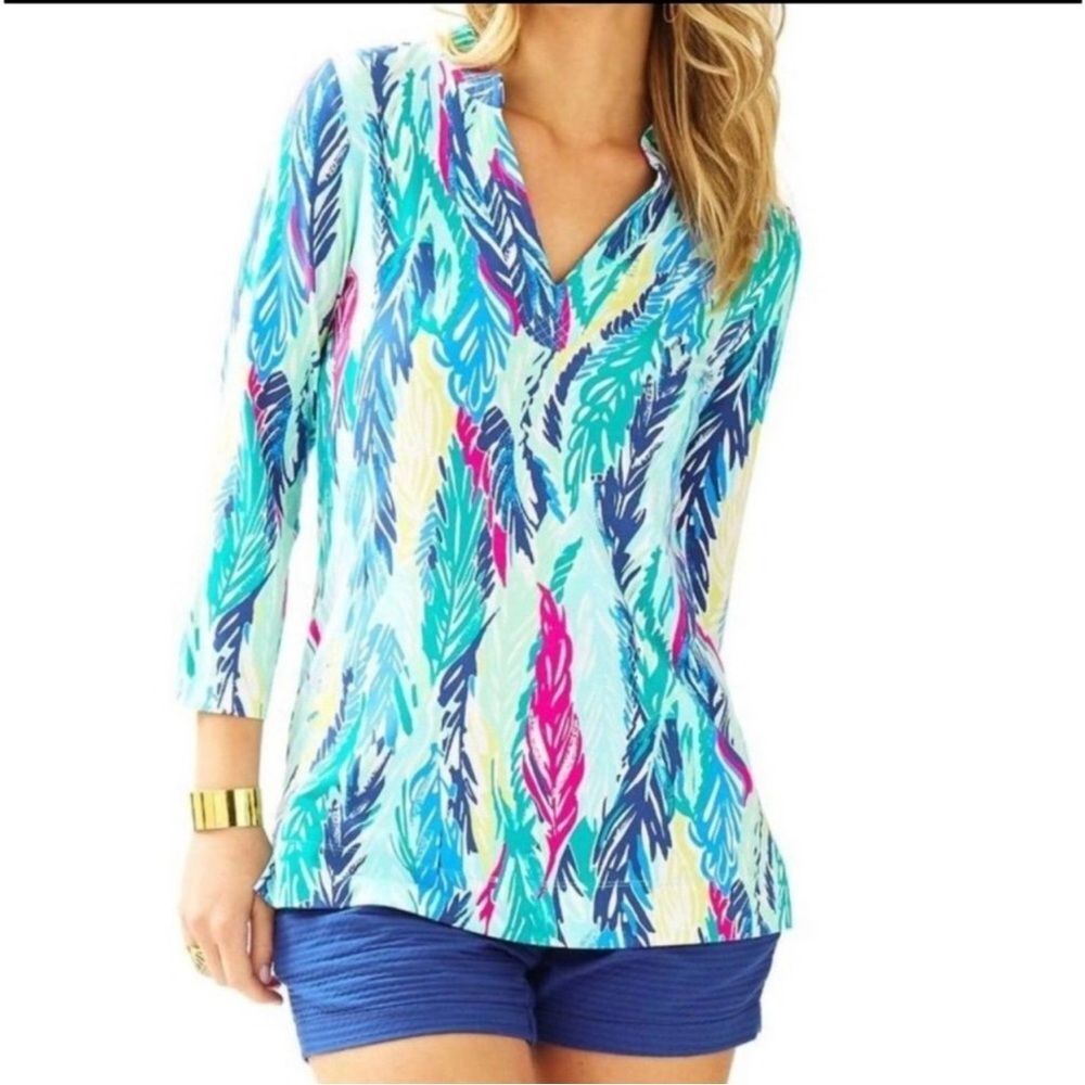Lilly Putlizer Jersey Tunic Rainbow Feathers Small Colorful Casual Comfy Preppy